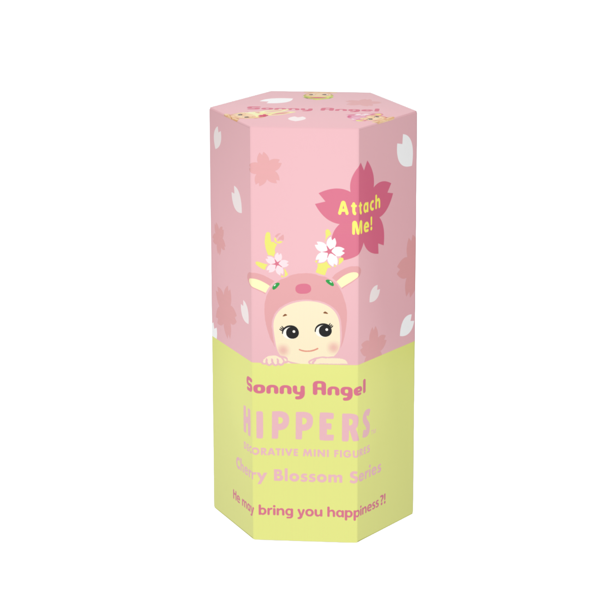 Blind box packaging of the new Cherry Blossom HIPPER product. Packaging follows a pink and yellow green color palette, with the Reindeer figure shown on the front, beside a flower blossom with the words "Attach Me!" beside it.