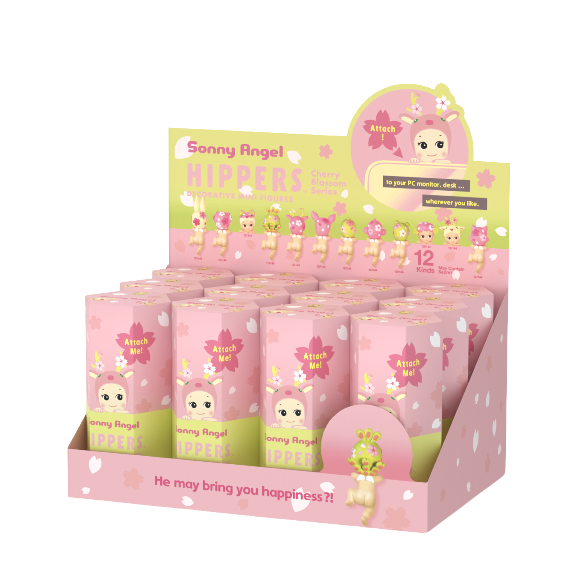 Blind box packaging of the new Cherry Blossom HIPPER product shown in the display box shows all product variants. Packaging follows a pink and yellow green color palette, with the Reindeer figure shown on the front, beside a flower blossom with the words "Attach Me!" beside it.