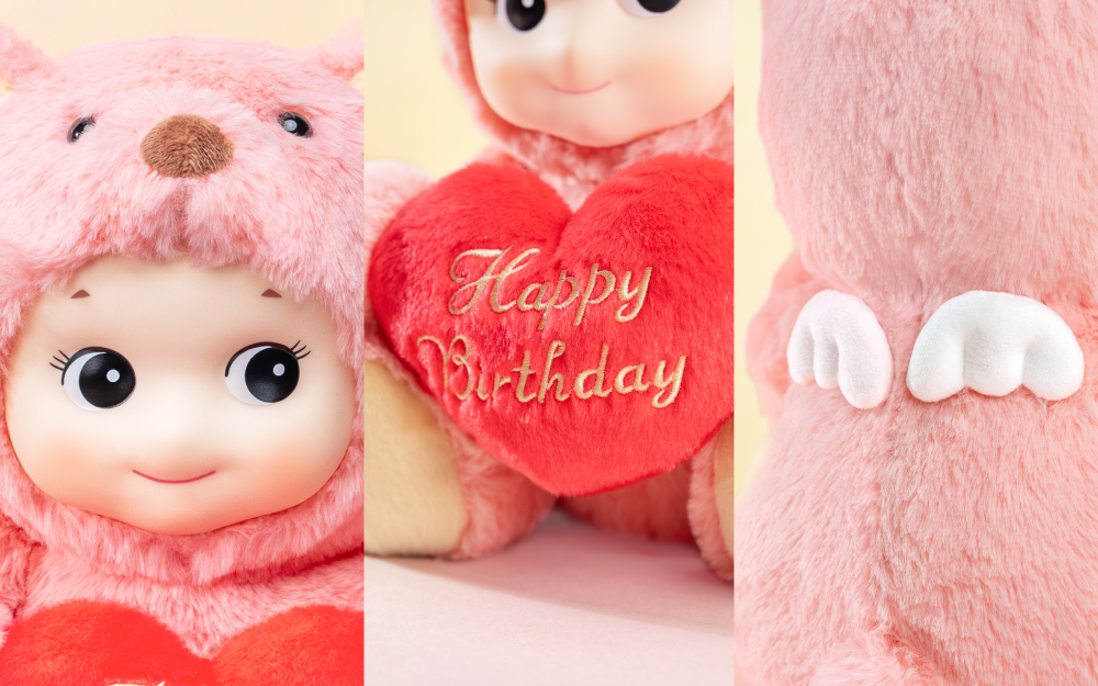 Collage of a pink plush toy with a heart-shaped 'Happy Birthday' card