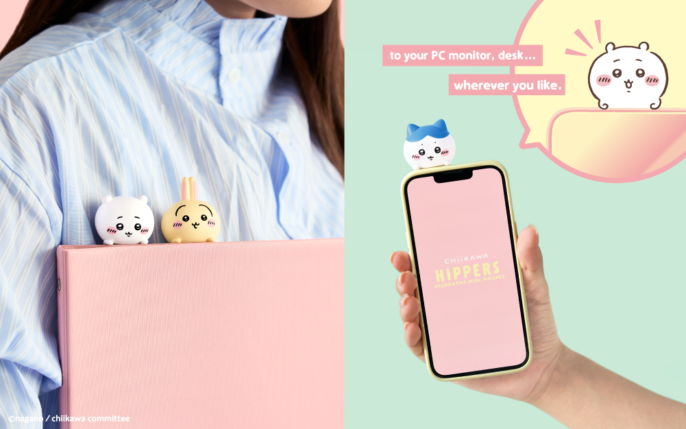 Split image; left: figure in blue shirt, holding a pink binder adorned with two Chiiawa Hipper figures. Right: upper corner, there is cartoon image of Chiikawa, center of the image is a hand holding a phone with Chiikawa figure adhered to the phone case.